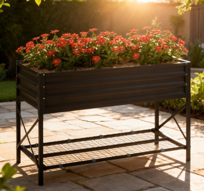 Metal Planter Box,Galvanized Raised Garden Bed,with Legs,Storage Shelf and Bed Liner Media 1