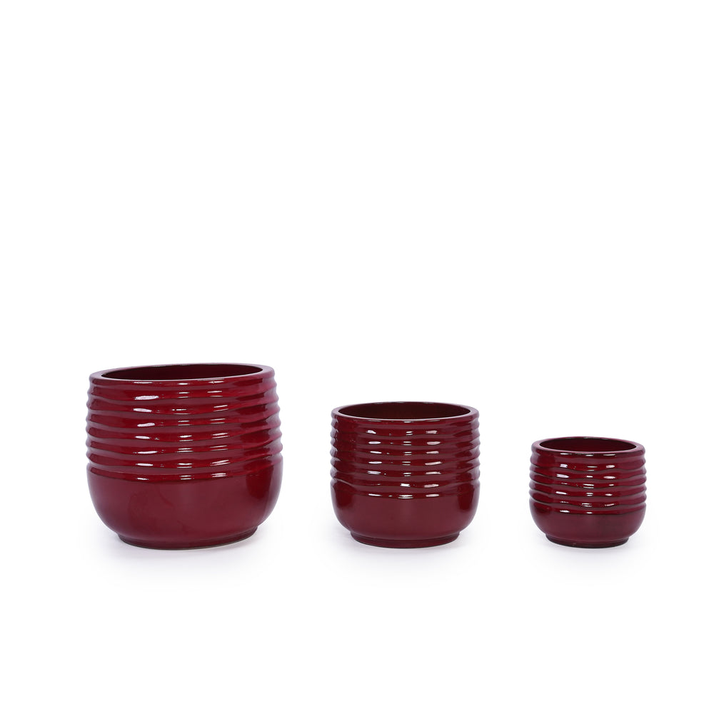 Handmade Glazed Ceramic Planter Set of 3, 15/11/8 Inch Diameter, Horizontal Groove Pattern, for Succulents & Flowering Plants Outdoor Garden & Indoor Staircase Bookshelf Use, Breathable Clay, Deep Red Media 6