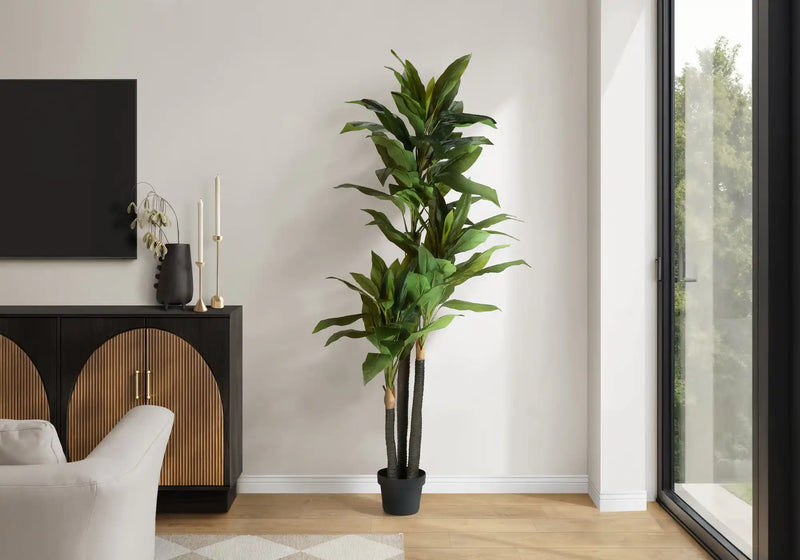 Artificial Plant, 83' Tall, Indoor, Dracaena Tree, Decorative, Faux,  Fake, Floor, Potted, Real Touch, Green Leaves, Black Pot