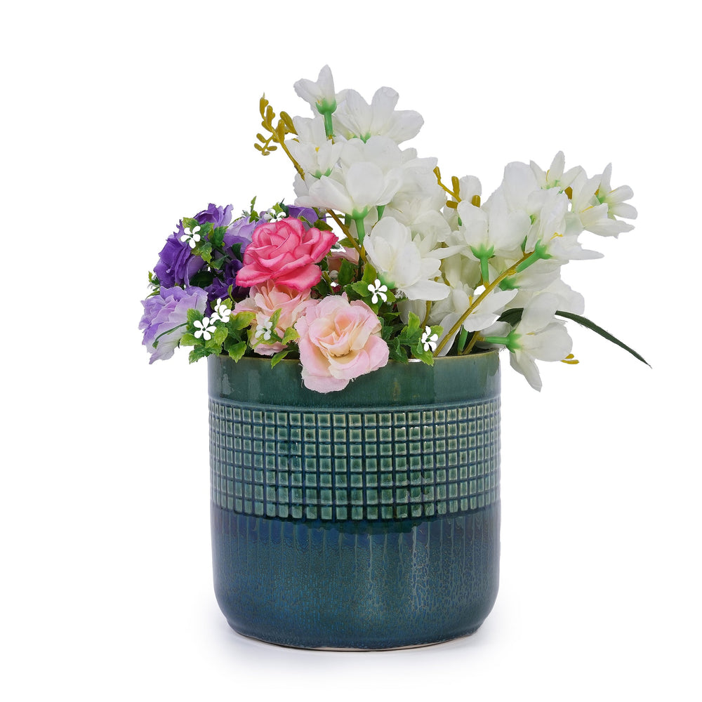 Set of 3 Grid Ceramic Flowerpot, Modern Planter for Patio, Garden, Windowsill - Blue Green Media 6