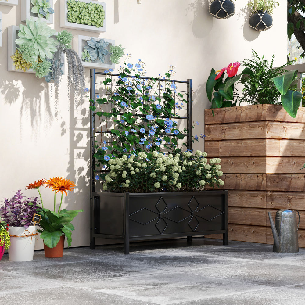 Outsunny Galvanized Raised Garden Bed with Trellis for Climbing Vines Vegetables Flowers, Outdoor Planter Box, 35.4' x 15.7' x 47.2', Black Media 10
