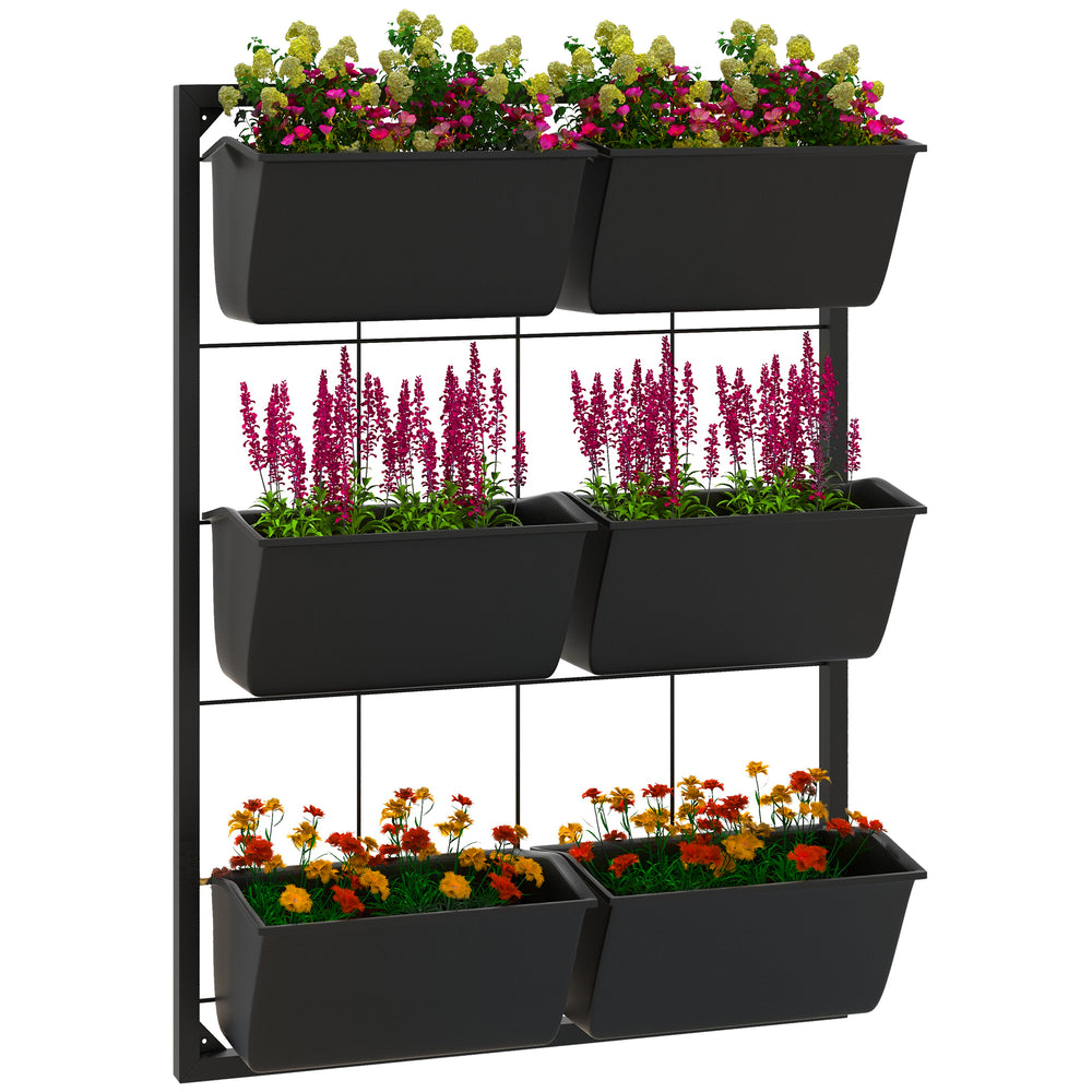 Outsunny 3-Tier Wall Planter with 6 Pots for Indoor and Outdoor Use, Hanging Plant Holder, Self Draining Wall Mounted Planter for Vegetables, Flowers, Herbs, Black Media 1