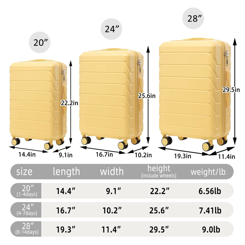 ABS Luggage Set Spinner Wheel 3-Piece Yellow Waterproof Travel Case 20 24 28 Inch Media 3