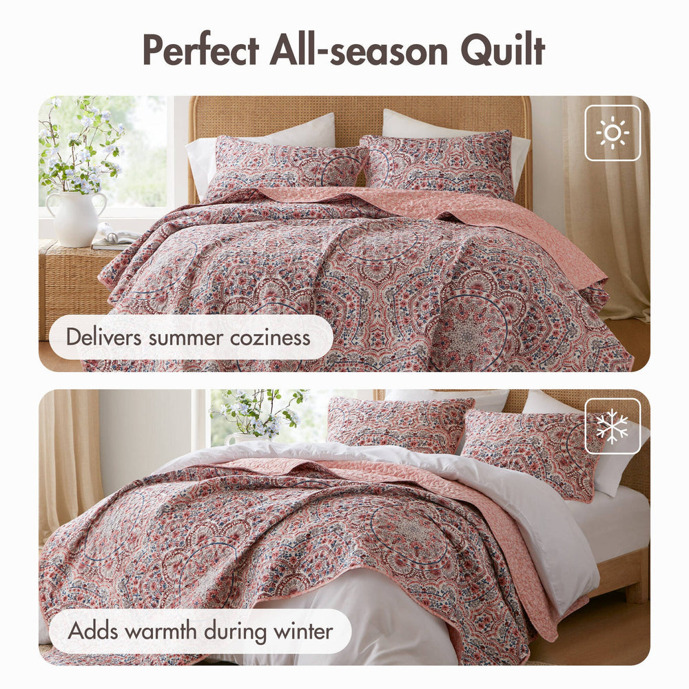 3-Piece Full/Queen Boho Floral Reversible Quilt Media 4