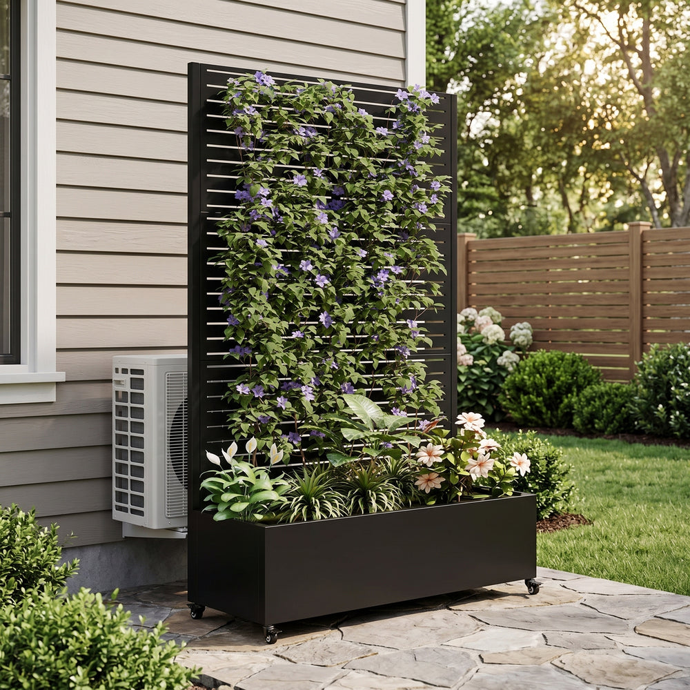 Metal Planter Box with Trellis, 73'x35'x16 Metal Raised Garden Bed with Trellis, Metal Planter Box with Drainage Holes & Lockable Wheels & Privacy Screen for Climbing Plants, Vegetables, Vines Media 2