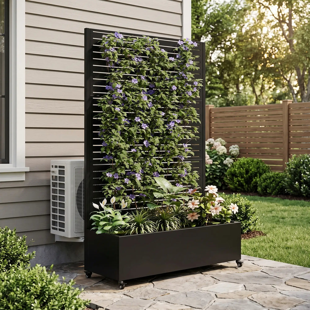 25466913 Metal Planter Box with Trellis, 73'x35'x16 Metal Raised Garden Bed with Trellis, Metal Planter Box with Drainage Holes & Lockable Wheels & Privacy Screen for Climbing Plants, Vegetables, Vines     DTY Store Metal Raised Garden Bed with Trellis, Drainage Holes, Lockable Wheels & Privacy Screen     DTY Store