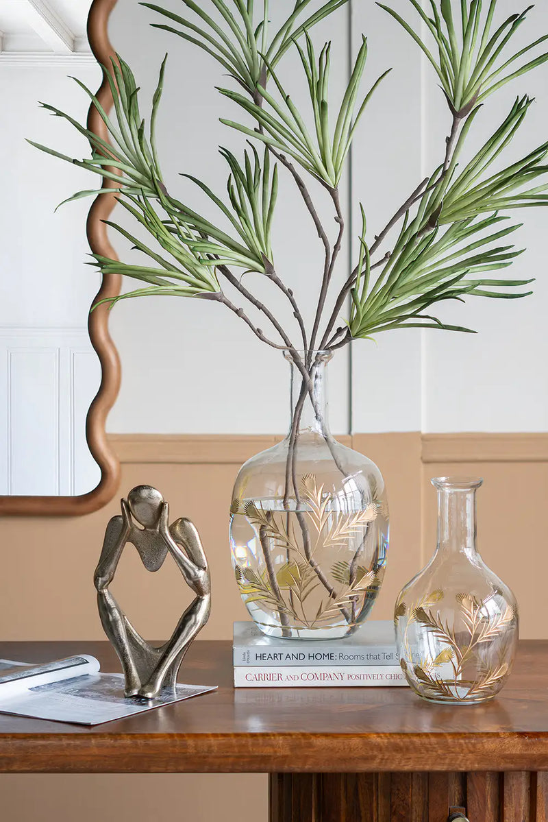 Curved Glass Accent Vase with Gold Floral Motifs