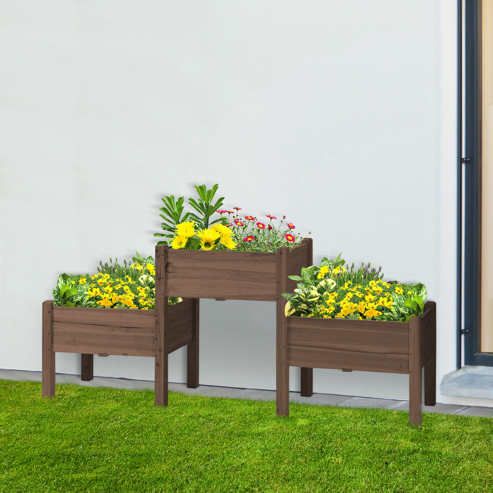 Outsunny Raised Garden Bed with 3 Planter Box, Elevated Wooden Plant Stand with Drainage Holes, for Vegetables, Herb and Flowers, Coffee Media 8