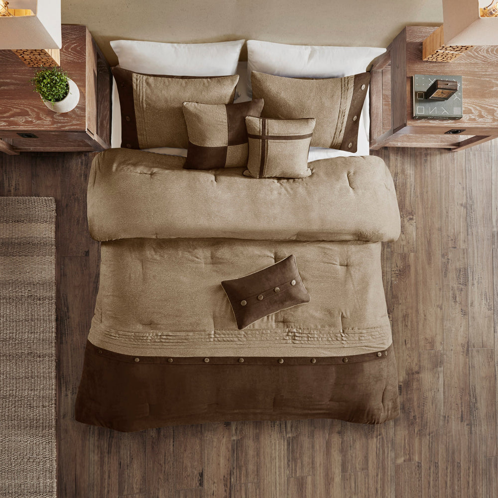 7 Piece Faux Suede Comforter Set Brown Queen Media 4