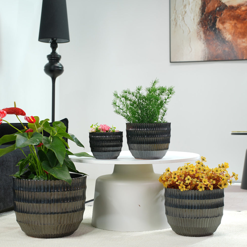 Handmade Matte Metallic Charcoal Gradient Glaze Ceramic Planter Set of 4, 7/9/12/14 Inch, Horizontal Grooves, Indoor & Outdoor Herb Succulent Pots, Breathable Clay with Drainage Holes Media 3