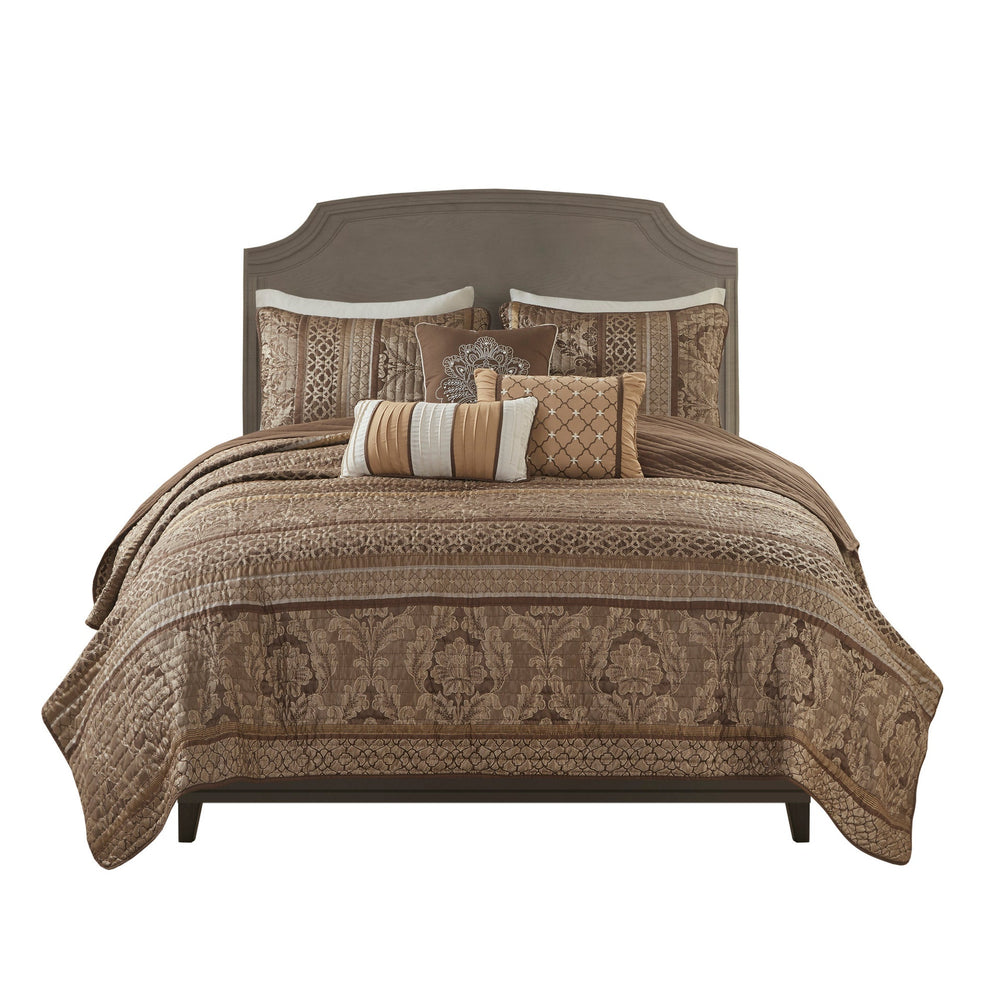 6 Piece Jacquard Quilt Set with Throw Pillows Brown/Gold Full/Queen Media 7