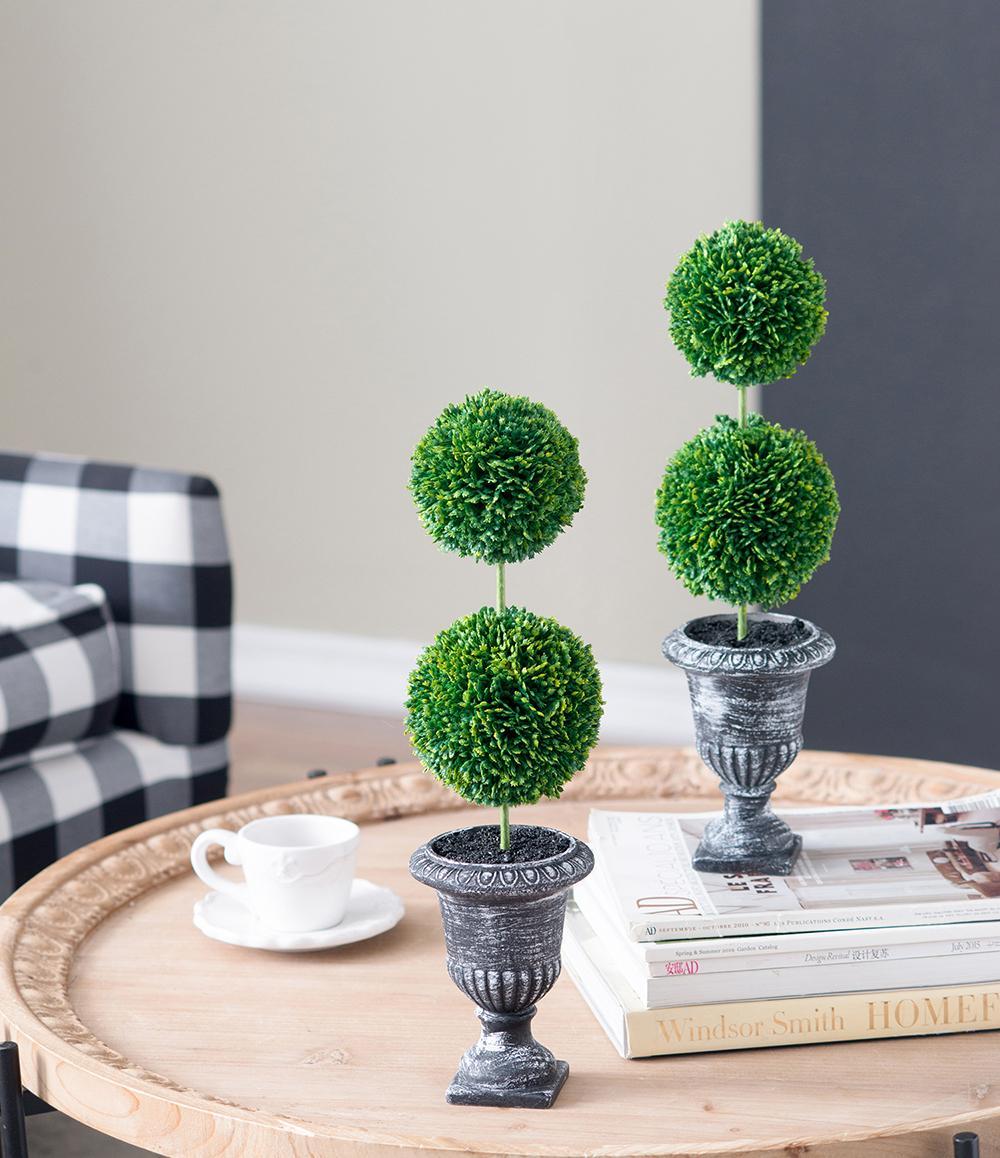 S/2 D4x15.5'H Faux Double Ball-Shape Topiary-Black Pot Media 1