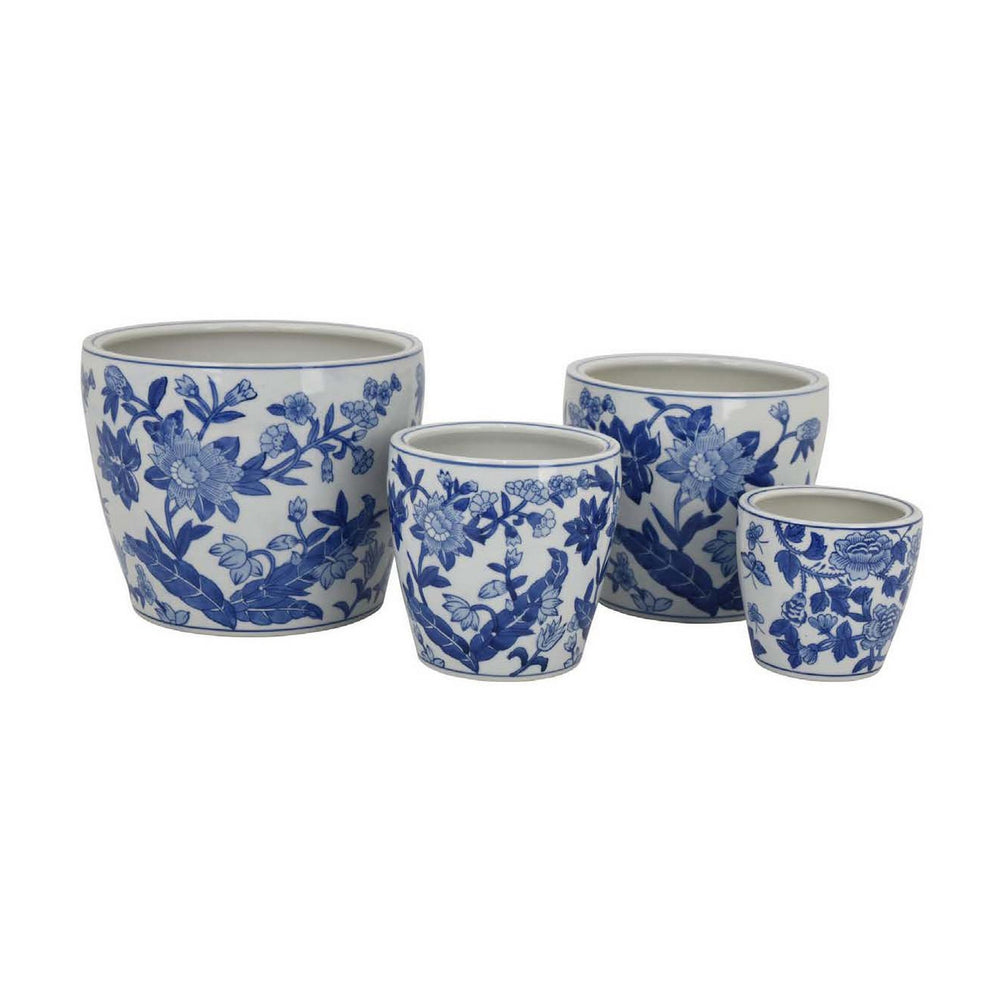 Kerry Accent Planter Pot Set of 4, Blue Floral Pottery, White Ceramic Media 1