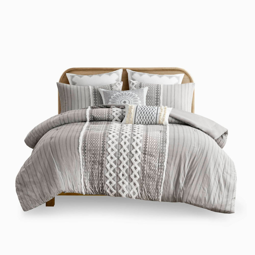 Cotton Printed Comforter Set with Chenille Gray Full/Queen Media 17