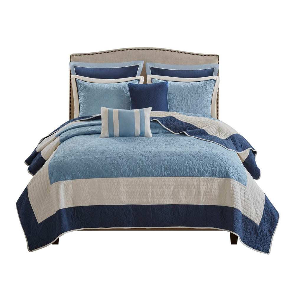 7-Piece Full/Queen 7 Piece Quilt Set with Euro Shams and Throw Pillows,Navy Media 3