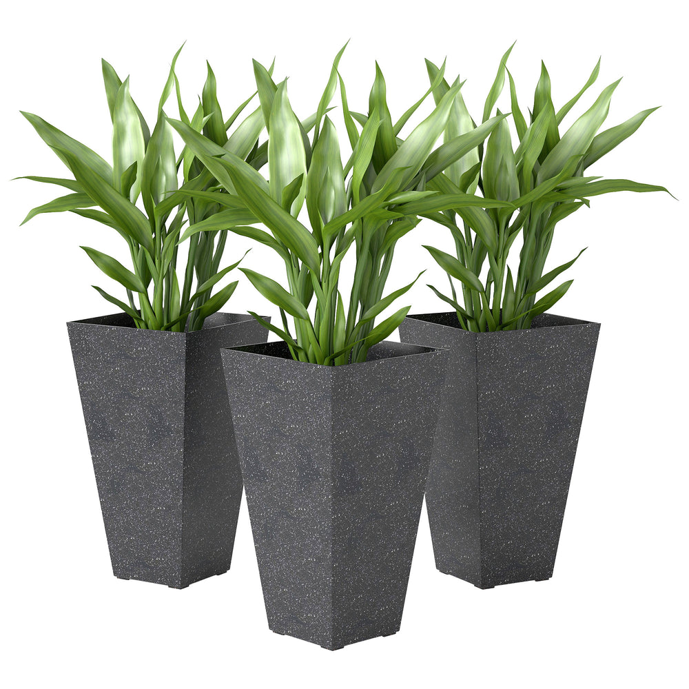 Outsunny 28' Tall Planters, Set of 3 Plastic Flower Pots with Marble Finish and Drainage Holes, Stackable Tapered Outdoor Planters, Black Media 1