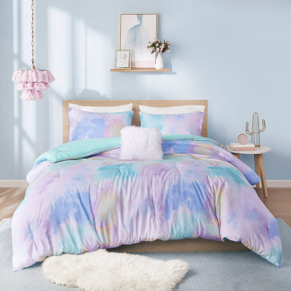 Full/Queen Watercolor Tie Dye Printed Comforter Set with Throw Pillow Media 9
