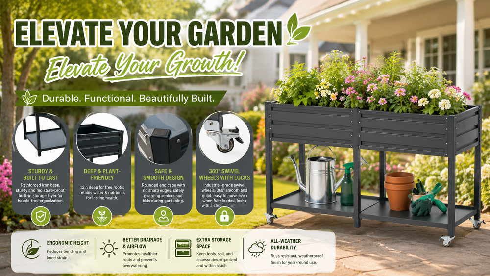 Dual Tier Elevated Metal Raised Garden Bed with Lockable Wheels & Lower Storage Shelf, Dark Gray Staggered Raised Planter Box for Vegetables Herbs Flowers, Outdoor Patio Backyard Raised Planting Bed Media 18