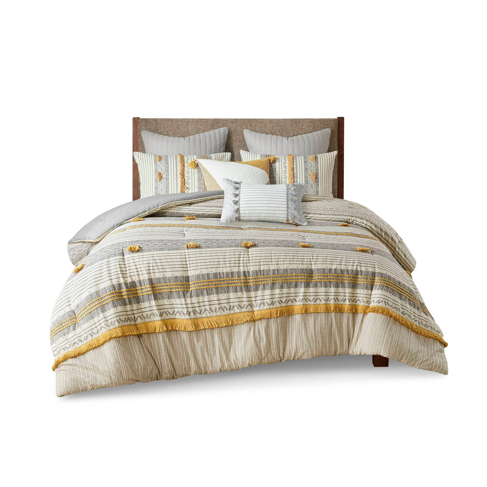 3 Piece Cotton Comforter Set Gray/Yellow Full/Queen Media 3