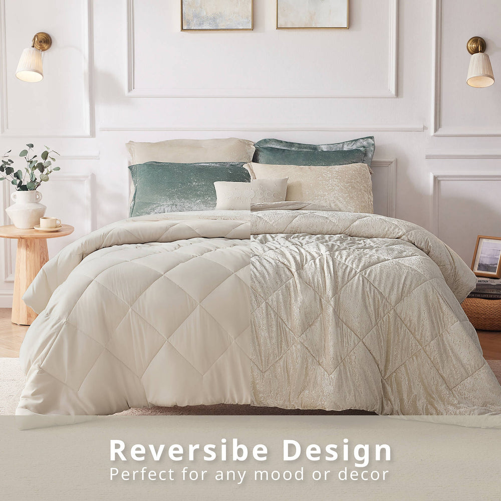 4 PCS Full/Queen Velvet Duvet Cover Set with Throw Pillow Champagne Media 15