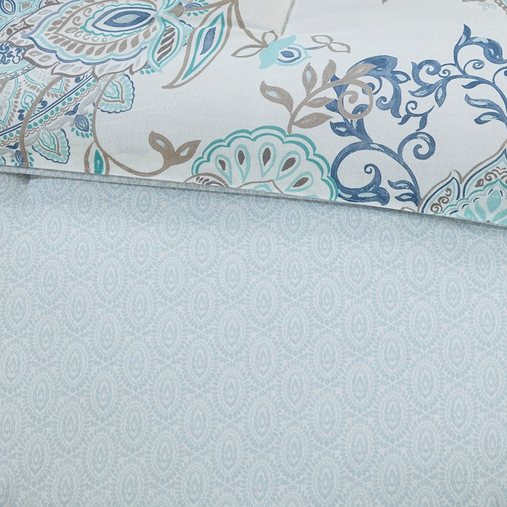 8 Piece Cotton Floral Printed Reversible Comforter Set Blue King Media 6