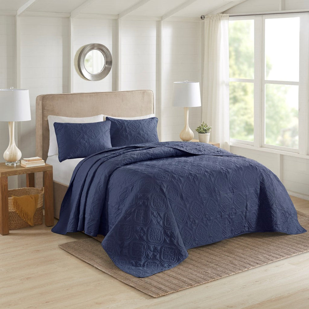 3 Piece Reversible Bedspread Set Navy Full/Queen Media 1
