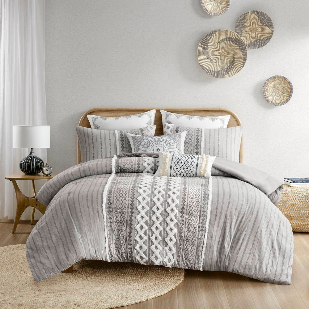 Cotton Printed Comforter Set with Chenille Gray King/Cal King Media 10