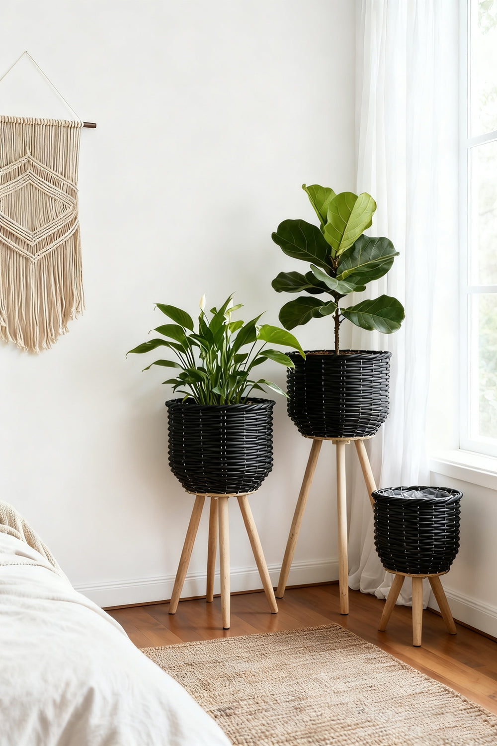 Set of 3 Black Poly Rattan Baskets with Rope Texture and Tapered Wooden Legs, L:12x12x23.5' M:10x10x17.5' S:8x8x13.5' Media 7