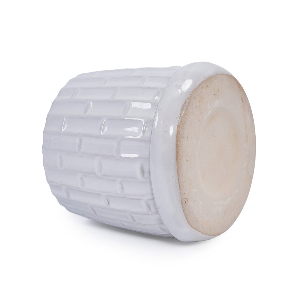Handmade White Glazed Ceramic Planter Set of 2, 6' & 8' Diameter, Bamboo-like Pattern, for Orchids Indoor/Outdoor Shelf & Table Use, Breathable Clay Media 14