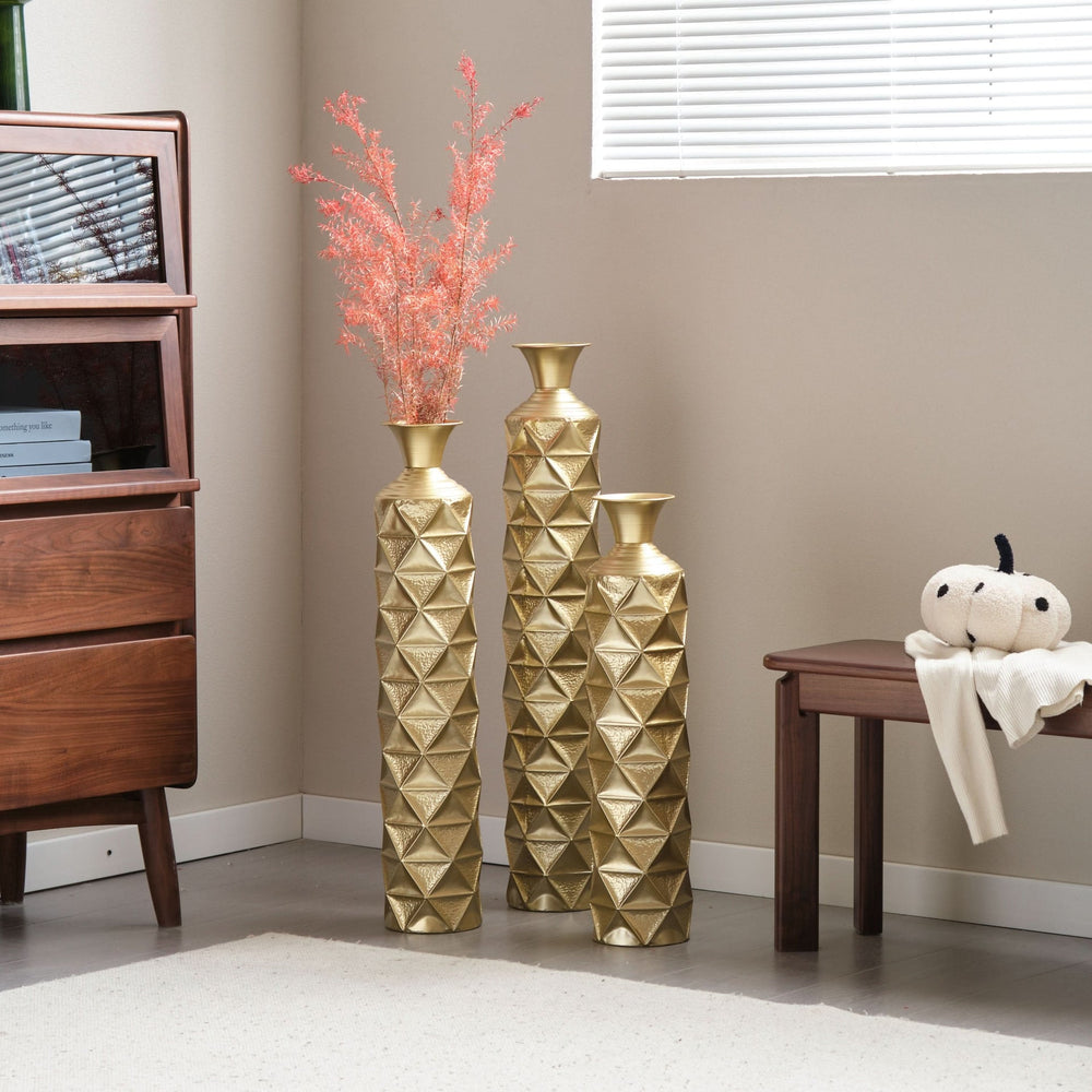 Metal Decorative Vase High Distress Metal Center Vase With 3D Triangle Pattern, Set Of 3 Vases for Home Decoration 33.5', 29.5', 25.2'High, Gold Media 12