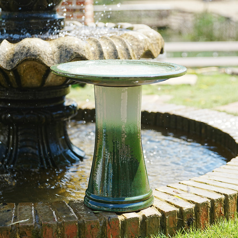 Handmade glazed ceramic bird bath, 17' concentric ripple embossed tray & 18' pedestal base, white to sage green ombre gradient glaze outdoor bird feeder for yard, lawn, patio & backyard Media 3