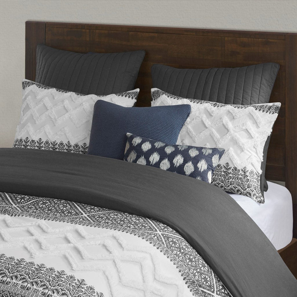 3 Piece Cotton Comforter Set with Chenille Tufting Gray Full/Queen Media 19