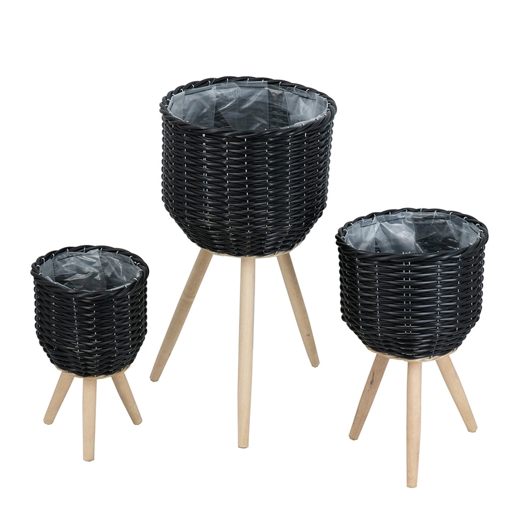 Set of 3 Black Poly Rattan Baskets with Rope Texture and Tapered Wooden Legs, L:12x12x23.5' M:10x10x17.5' S:8x8x13.5' Media 3