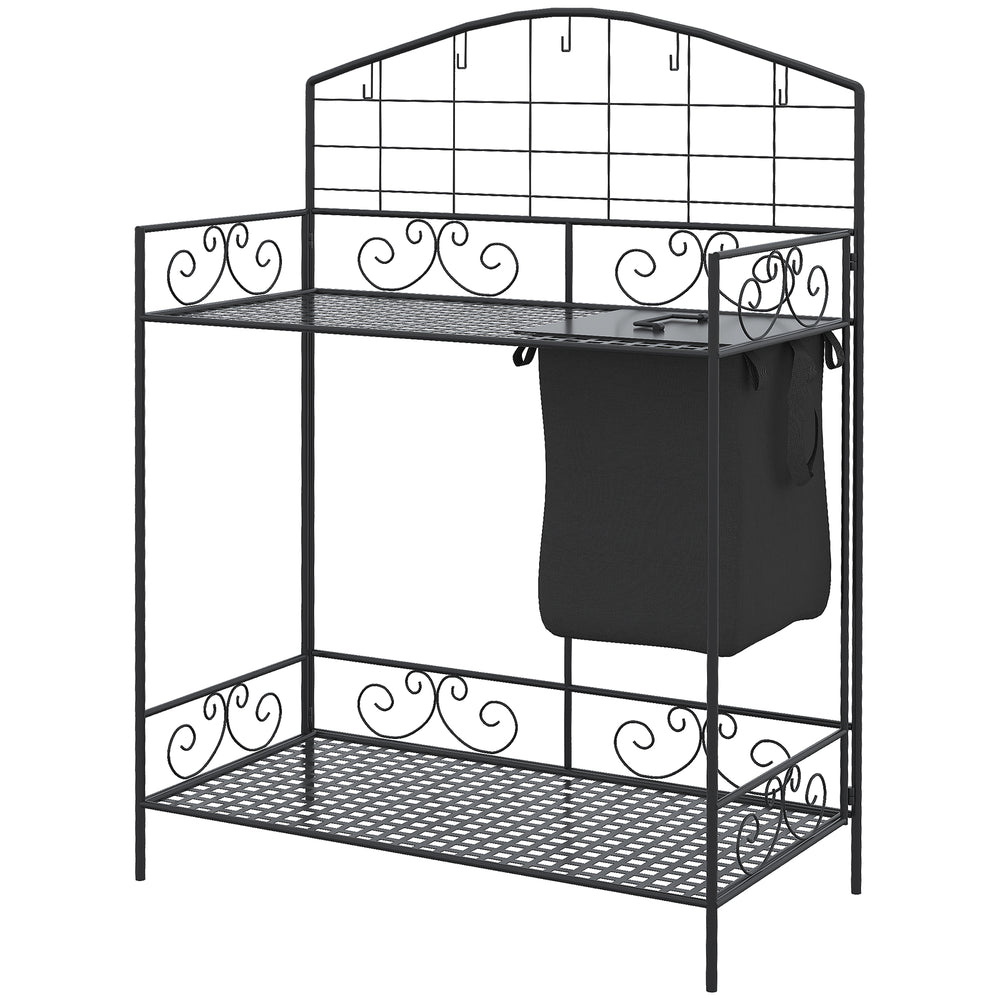 Outsunny Folding Potting Bench Table, Metal Garden Workstation, Work Bench with Large Build-In Bag with Cover, 5 Hanging Hooks & Storage Shelf, Flourishes Media 10