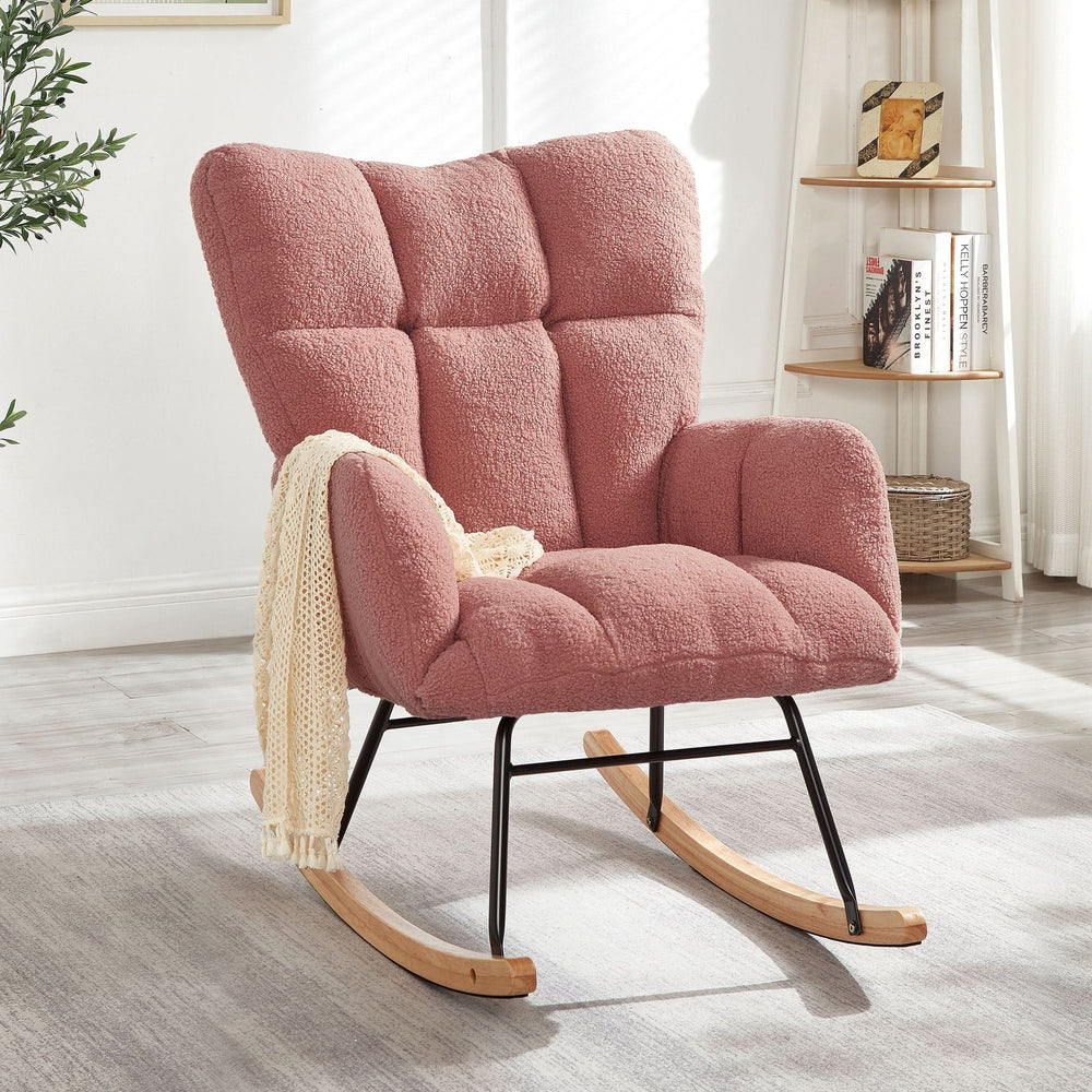 Glider Chair Teddy Fabric Pink With Sturdy Metal Frame For Living Room Comfort & Rocking Style Media 1