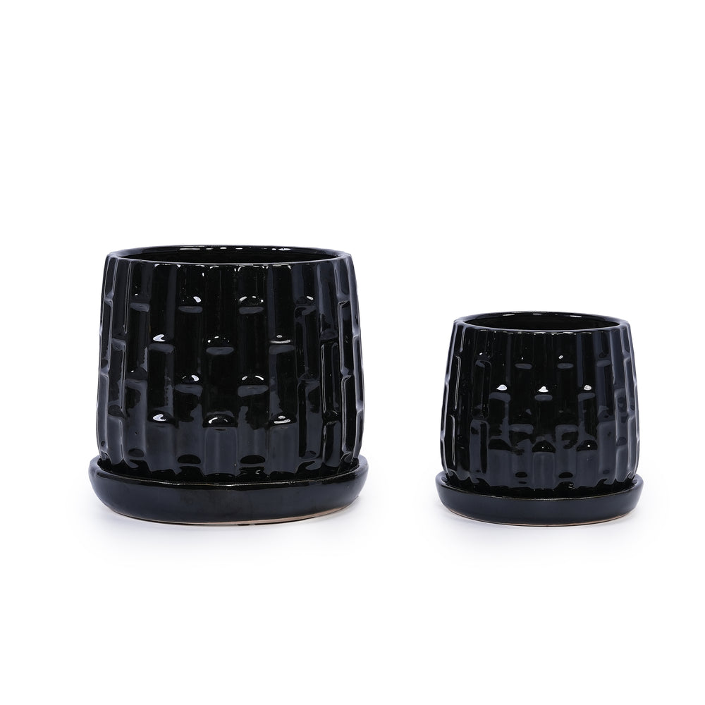 Handmade Ceramic Flower Pot with Groove Pattern, 6 & 8 Inch Diameter, Black Color for Orchids, Indoor/Outdoor Use on Windowsill & Bookshelf, Breathable Clay with Saucer Media 3