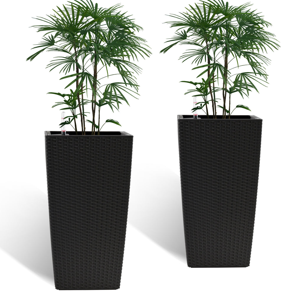 Pack of 2 Square Planter for Garden 22-Inch High Faux Rattan Design Flower Pot with Automatic Watering System for Porch, Patio, Backyard, Makes Keeping Flowers Easier Media 12