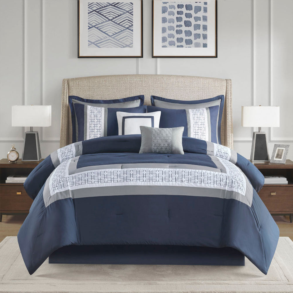 8 Piece Embroidered Comforter Set Navy Queen Media 6