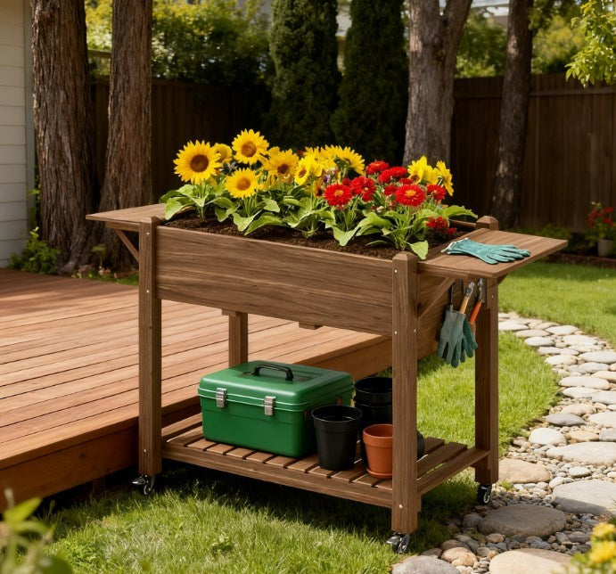 Convenient Elevated Garden Bed,Wood Raised Planter Box,with Lockable Wheels,Side Tables,Bottom Shelf,Drain Holes Media 1