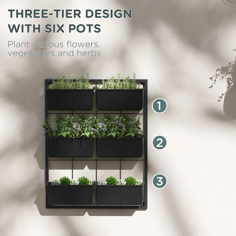Outsunny 3-Tier Wall Planter with 6 Pots for Indoor and Outdoor Use, Hanging Plant Holder, Self Draining Wall Mounted Planter for Vegetables, Flowers, Herbs, Black Media 4
