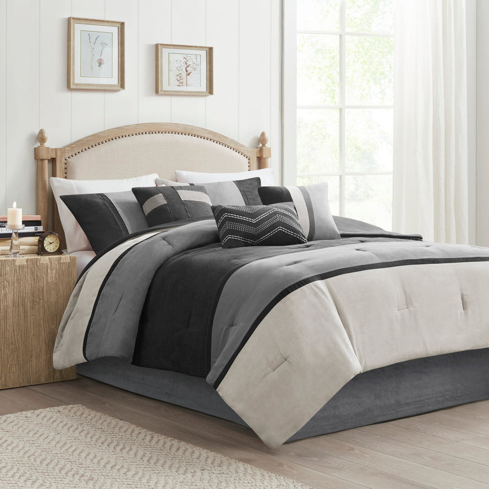 7 Piece Faux Suede Comforter Set Black Cal King Media 1