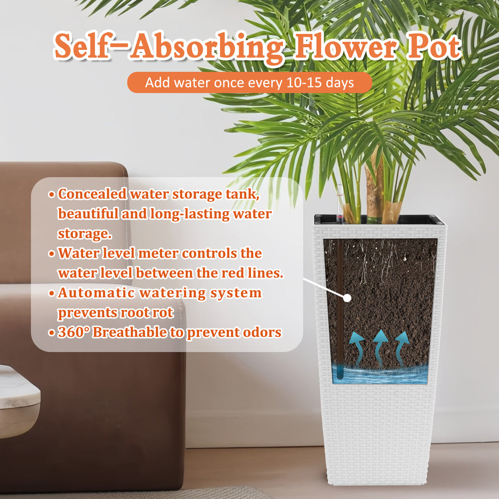 Pack of 2 Square Planter 22-Inch High Faux Rattan Design Flower Pot with Automatic Watering System for Porch, Patio, Backyard, Makes Keeping Flowers Easier White Media 5