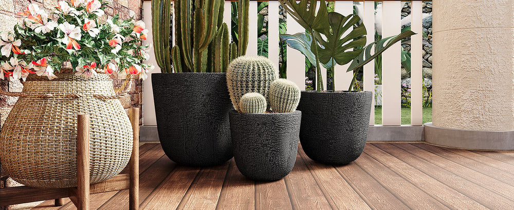 U_STYLE Lightweight MGO Planter Set of 3,16.93'+13.78'+11.02' Dia Round Concrete Stackable Flower Pots with Drainage Holes and Rubber Plug,Crackle Stone Texture for Patio Garden Balcony Indoor Outdoor Media 3