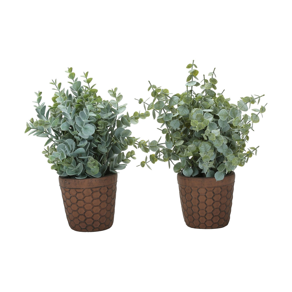 Artificial Eucalyptus Grass, 13' Tall, Green Leaves in Brown Cement Pots, Set of 2, Indoor Decorative Faux Plants, Plastic, Table Top Media 1