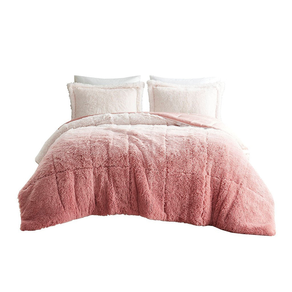 Full/Queen Ombre Shaggy Long Fur Comforter Mini Set Media 4