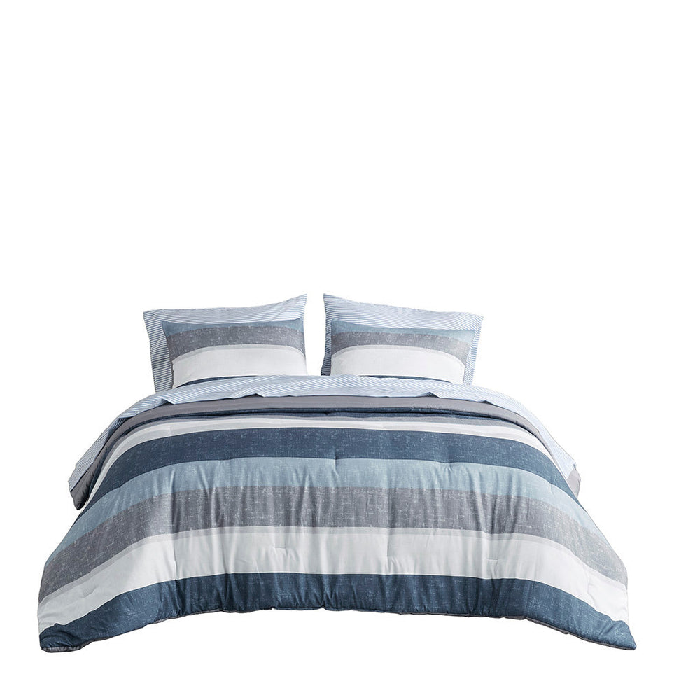 Stripe Comforter Set with Bed Sheets Blue/Grey Full Media 6