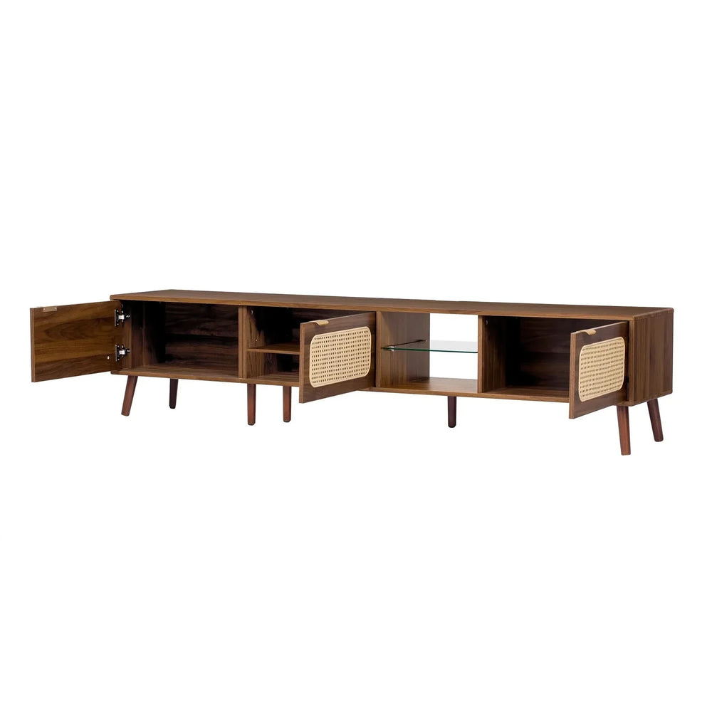 TV Stand Walnut Wood & Glass Storage Mid-Century Entertainment Console Media 13