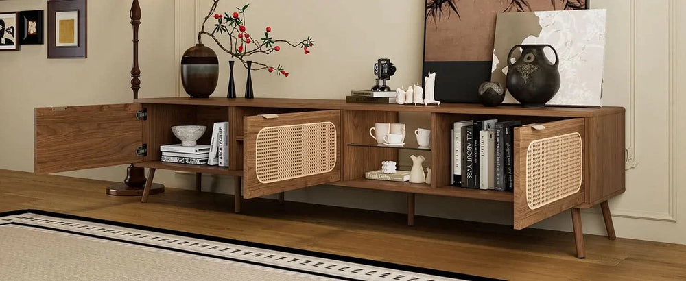 TV Stand Walnut Wood & Glass Storage Mid-Century Entertainment Console Media 26