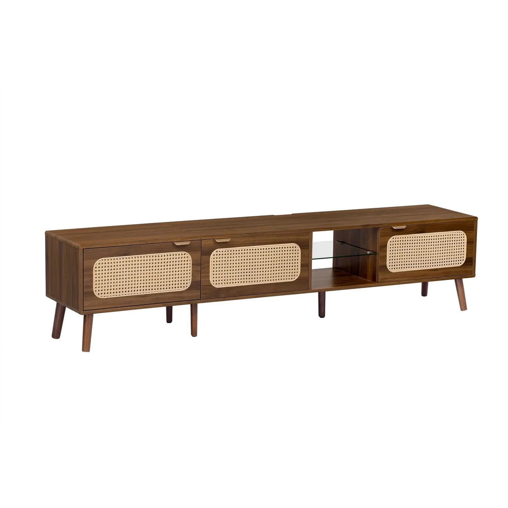 TV Stand Walnut Wood & Glass Storage Mid-Century Entertainment Console Media 11