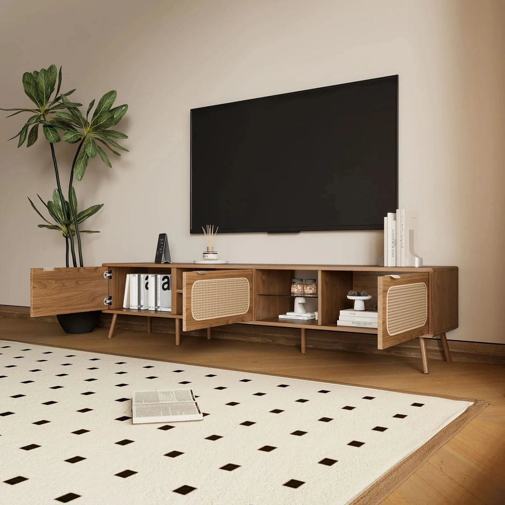 TV Stand Walnut Wood & Glass Storage Mid-Century Entertainment Console Media 2